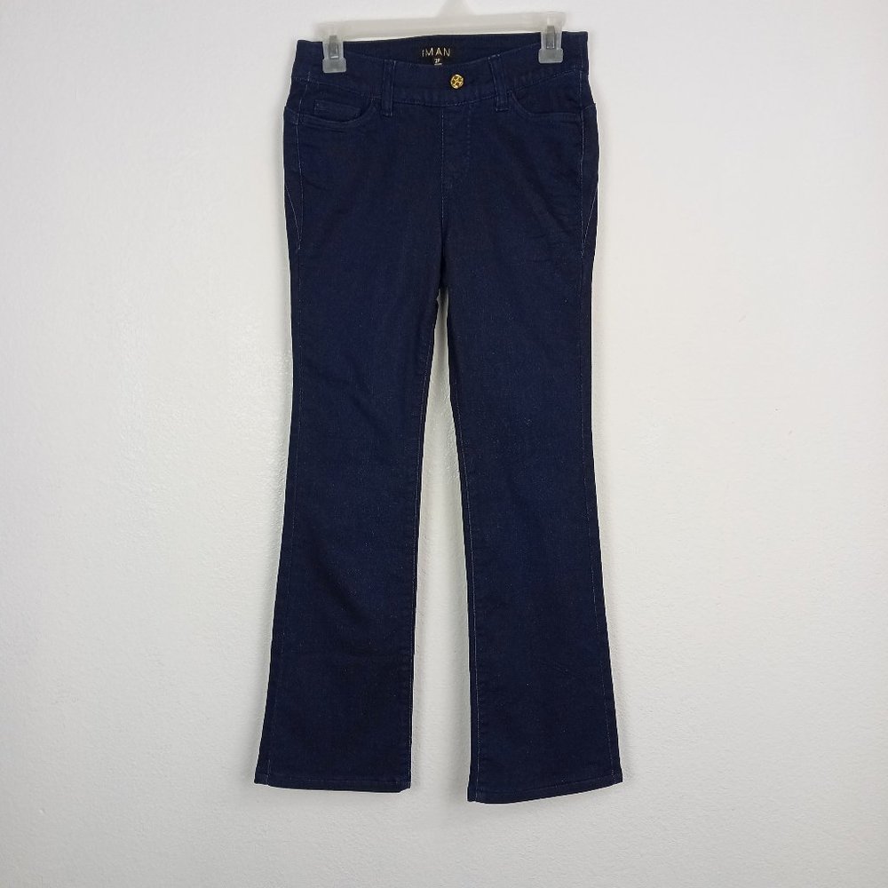 IMAN Women's Bootcut Jeans Size 2 Petite Dark Wash Blue Denim Pull On Stretch. G